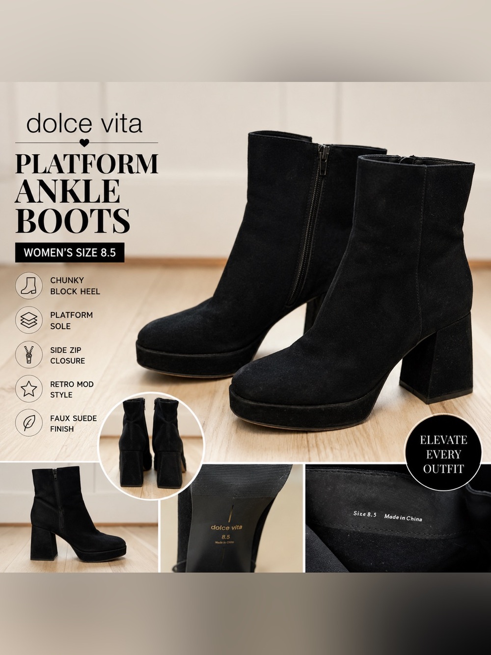 Dolce Vita Black Platform Ankle Boots Women’s Size 8.5 Chunky Block Heel